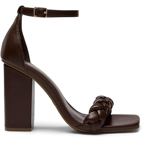 Women's Heels for Women Braided Open Toe Ankle Strap Brown High Block Chunky - Picture 2 of 6